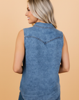Denim Button Front Collared Sleeveless Vest