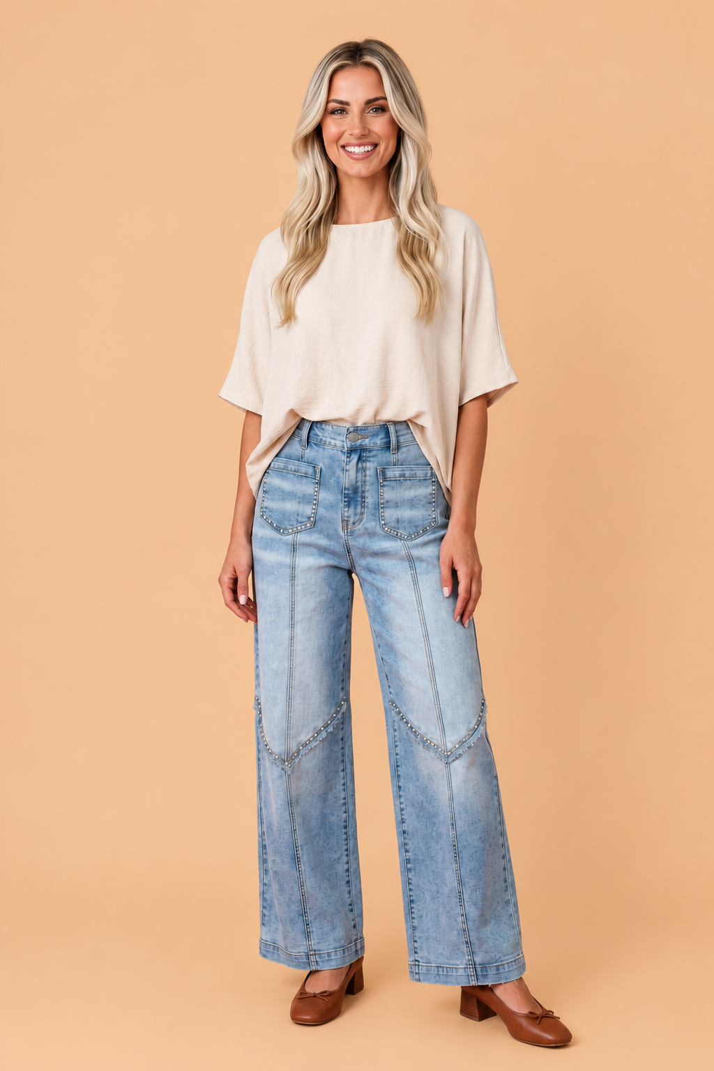 Beau Blue Studded Pocket Wide Leg Jeans