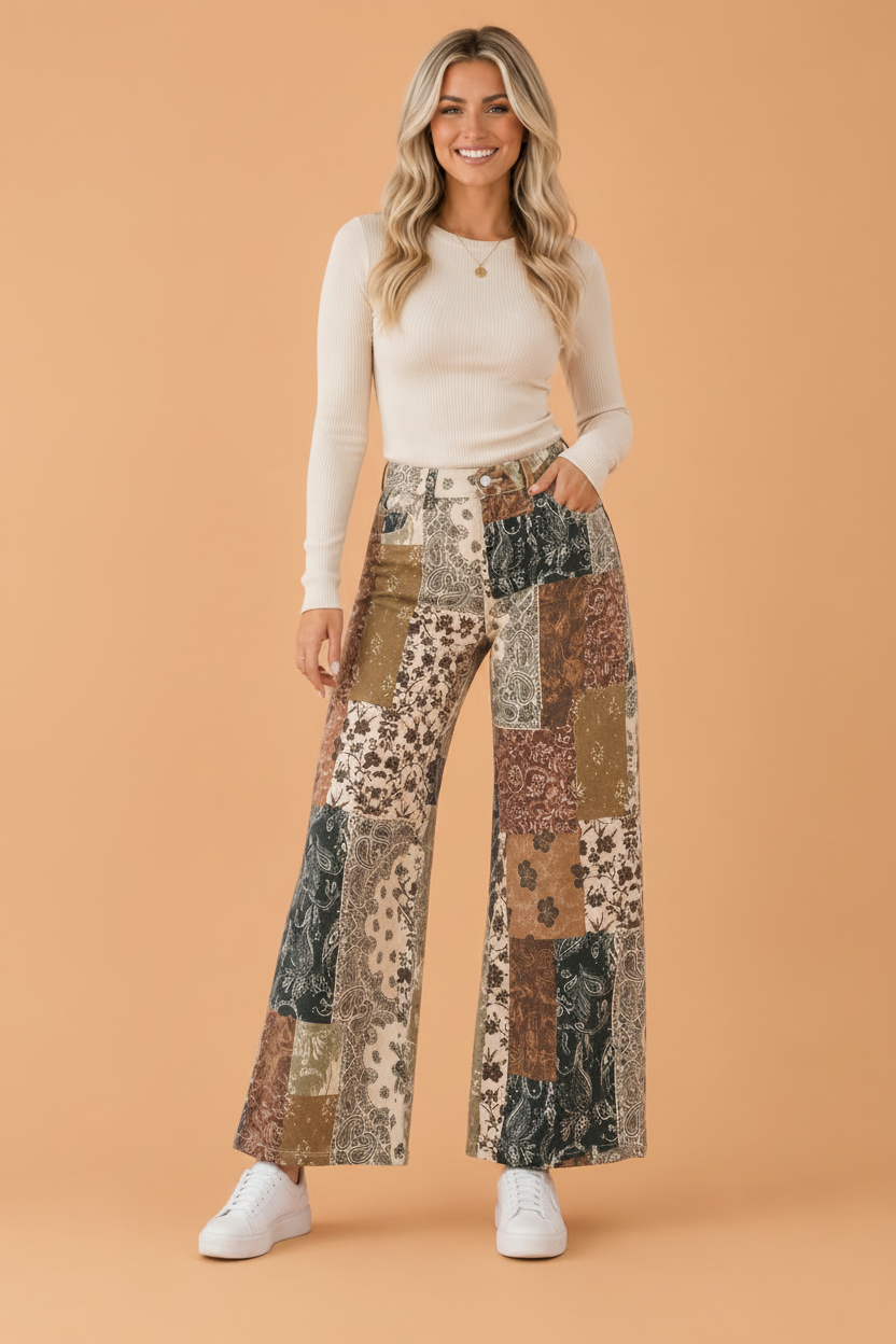 Western Print High Waist Wide Leg Jeans