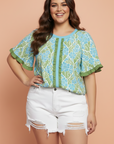 Plus Size Floral Frilled Colorblock Trim Blouse