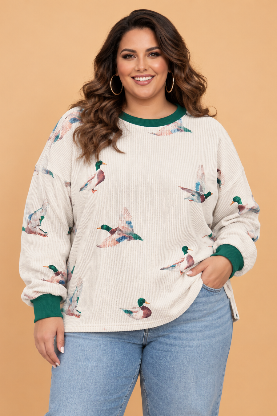 Plus Size Mallard Duck Print Ribbed Top