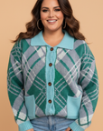 Plus Size Green Plaid Collared Cardigan