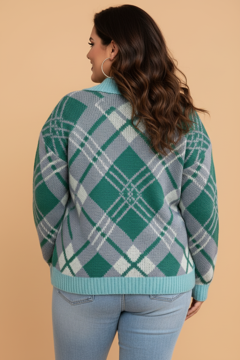 Plus Size Green Plaid Collared Cardigan