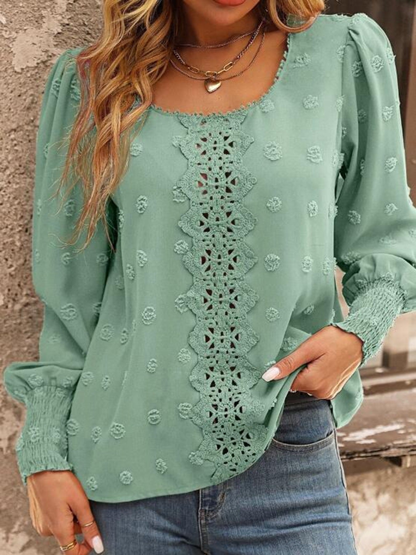 Swiss Dot Lace Lantern Sleeve Blouse