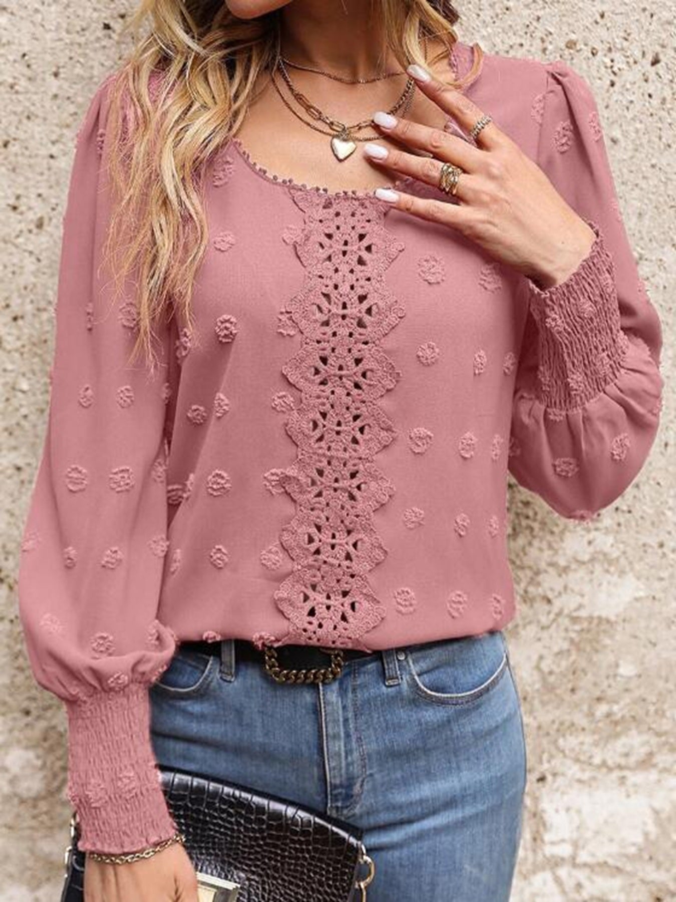 Swiss Dot Lace Lantern Sleeve Blouse