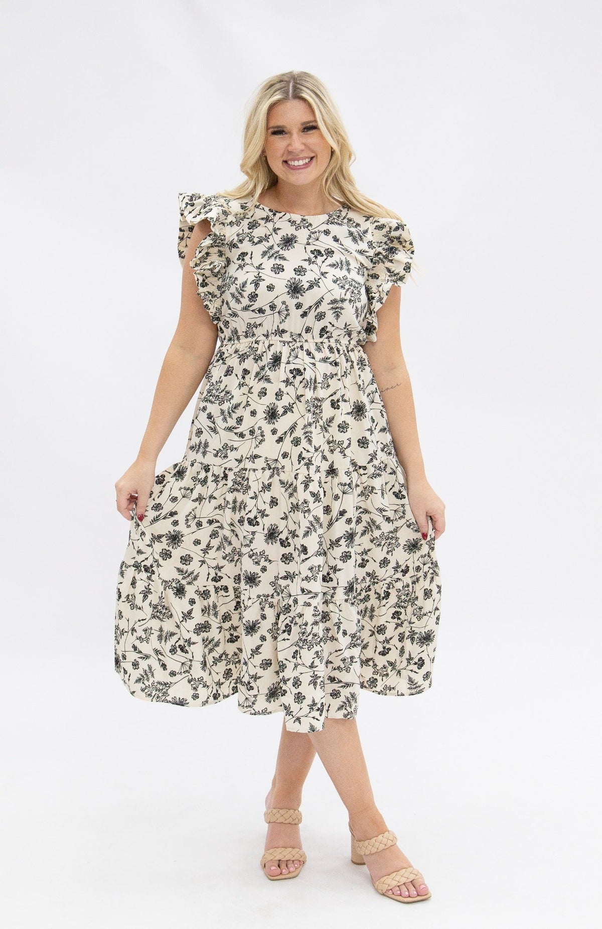 Camille Black & Ivory Floral Tiered Midi Dress