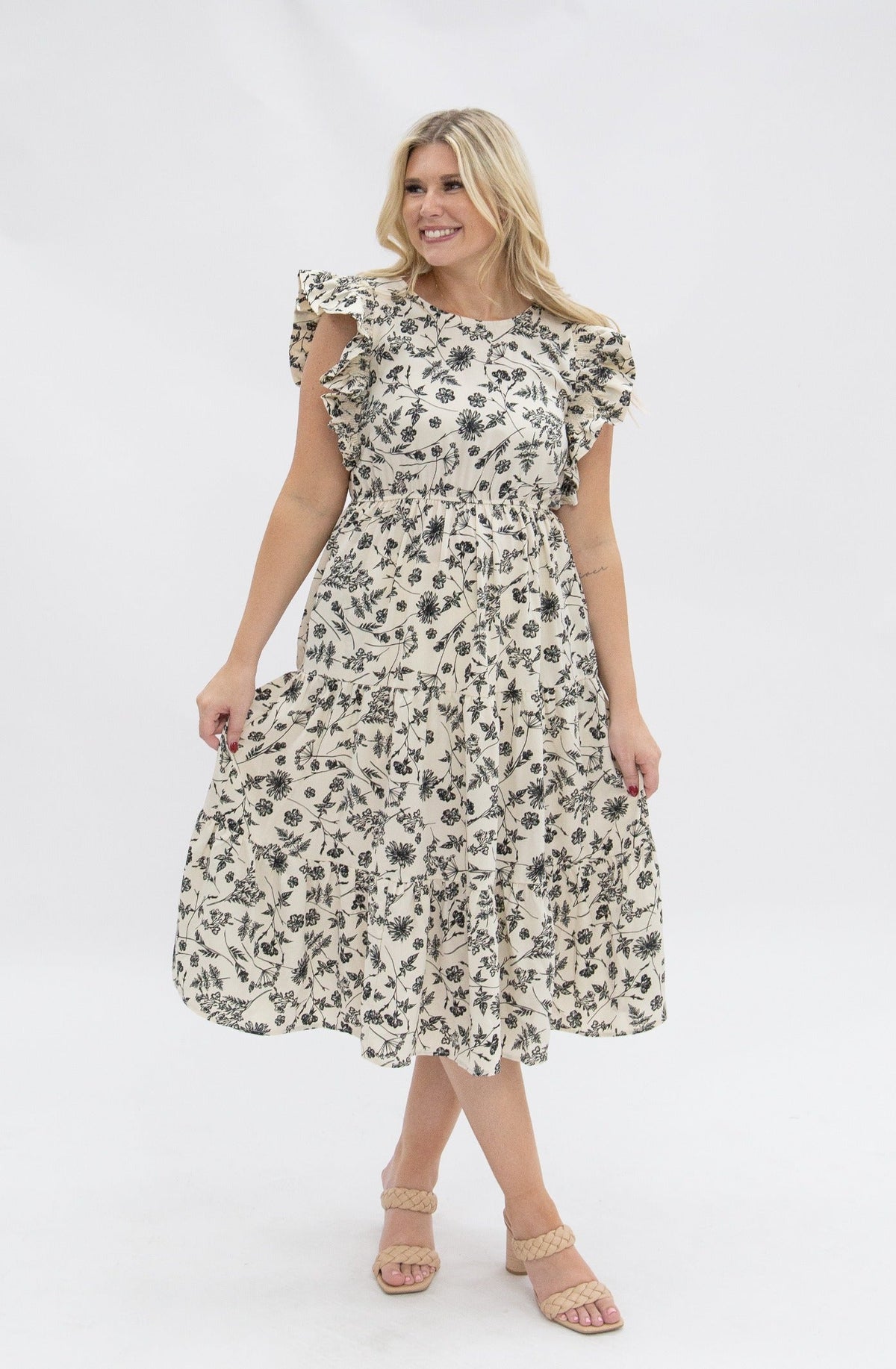 Camille Black & Ivory Floral Tiered Midi Dress