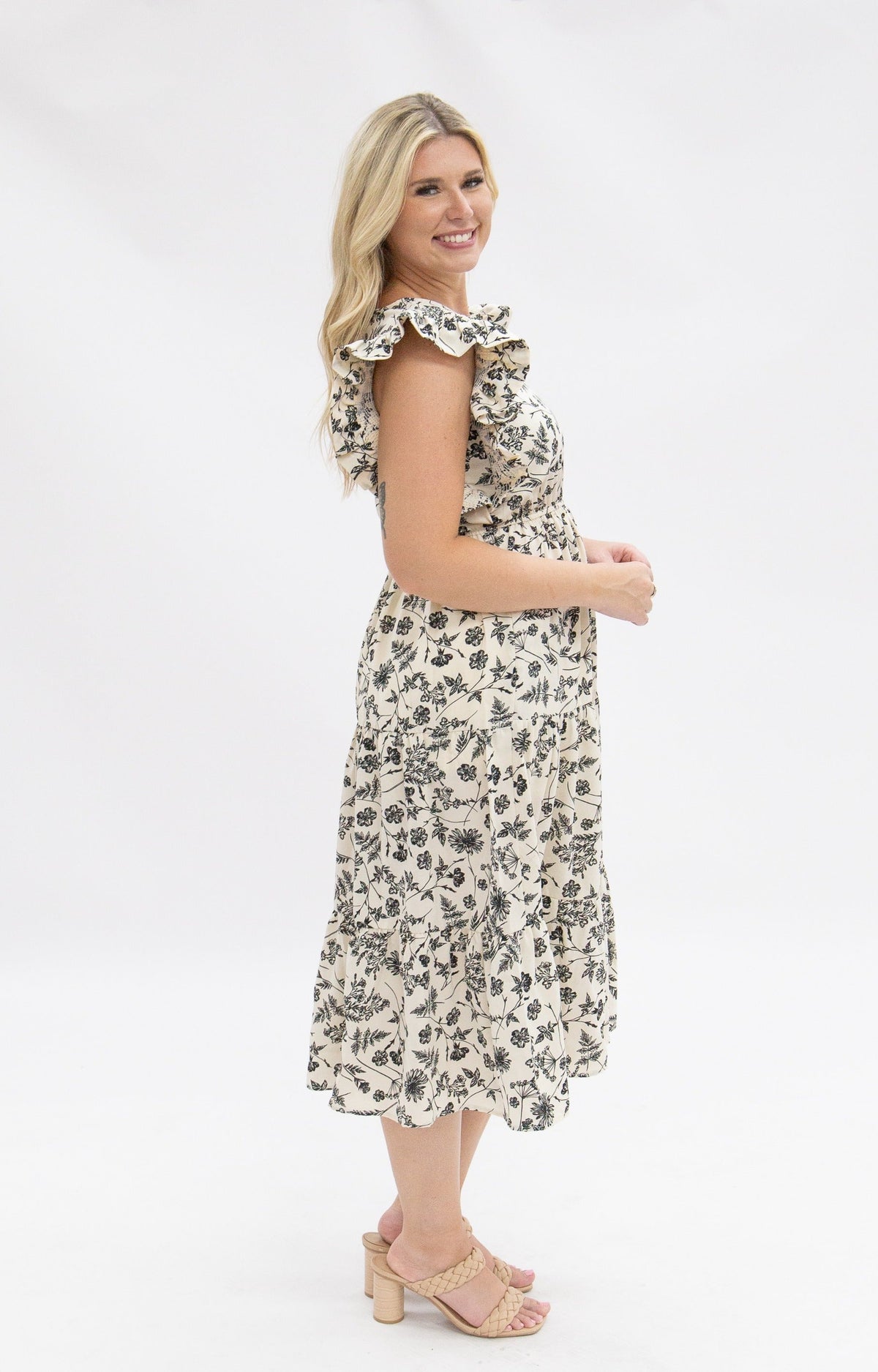 Camille Black & Ivory Floral Tiered Midi Dress