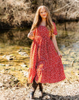 Puff Sleeve Midi Dress, Red Floral