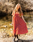 Puff Sleeve Midi Dress, Red Floral