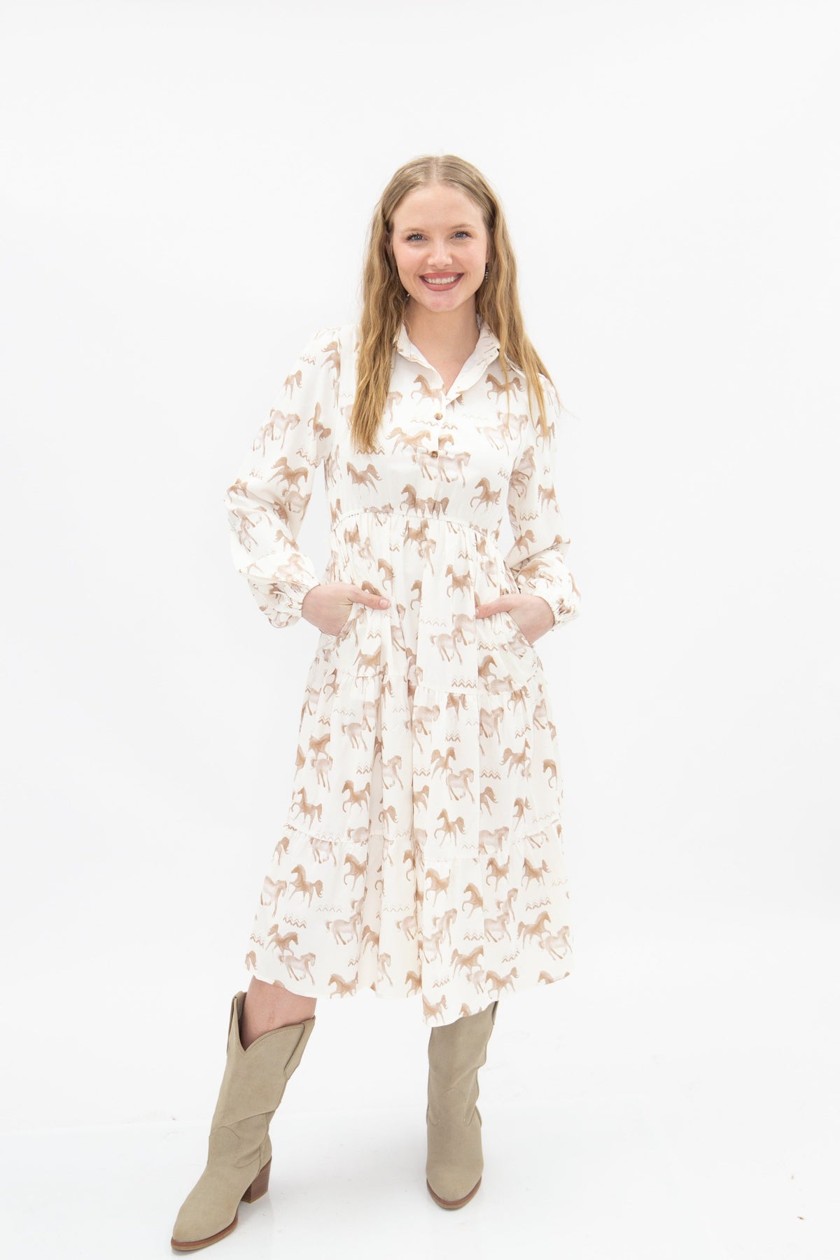 Western Horse Print Midi Shirt Dress
