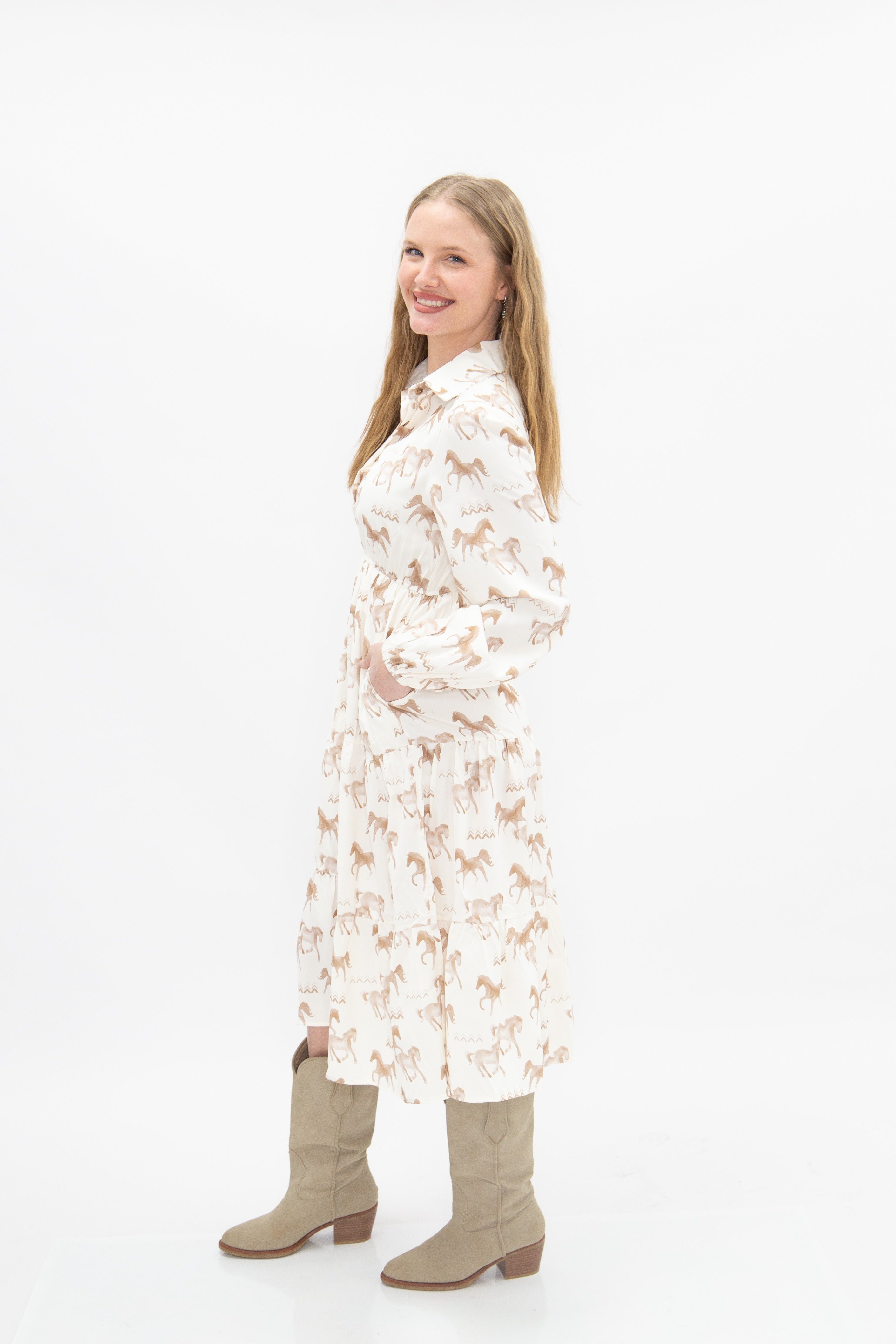 Western Horse Print Midi Shirt Dress