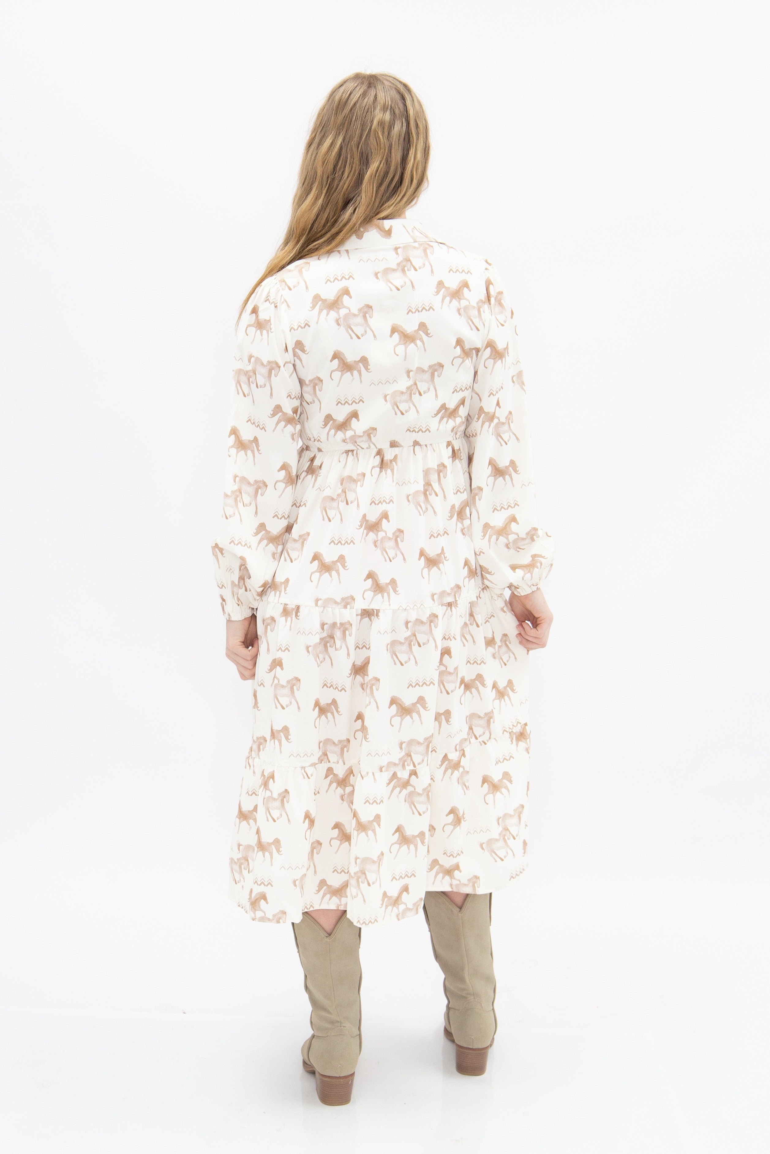 Western Horse Print Midi Shirt Dress