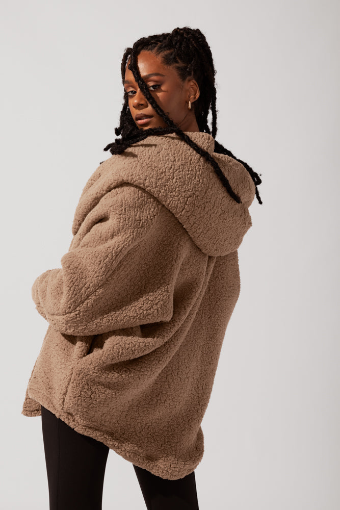 Full Size Faux Sherpa Cocoon Coat - Teddy Bear Brown