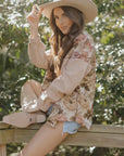 Floral Waffle Knit Patchwork Chest Pocket Buttoned Jacket