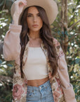 Floral Waffle Knit Patchwork Chest Pocket Buttoned Jacket