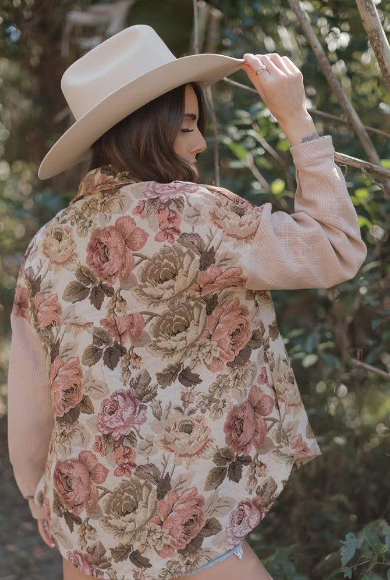 Floral Waffle Knit Patchwork Chest Pocket Buttoned Jacket