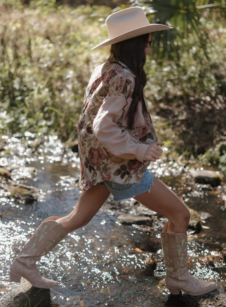 Floral Waffle Knit Patchwork Chest Pocket Buttoned Jacket