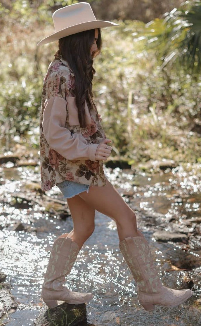 Floral Waffle Knit Patchwork Chest Pocket Buttoned Jacket