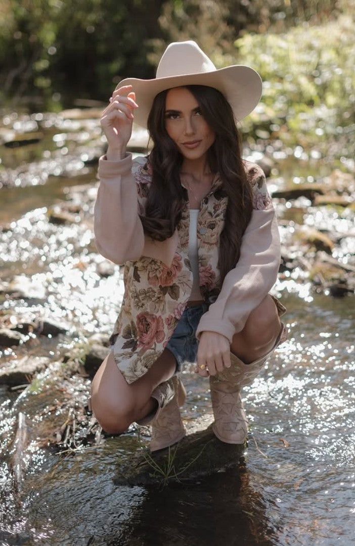 Floral Waffle Knit Patchwork Chest Pocket Buttoned Jacket