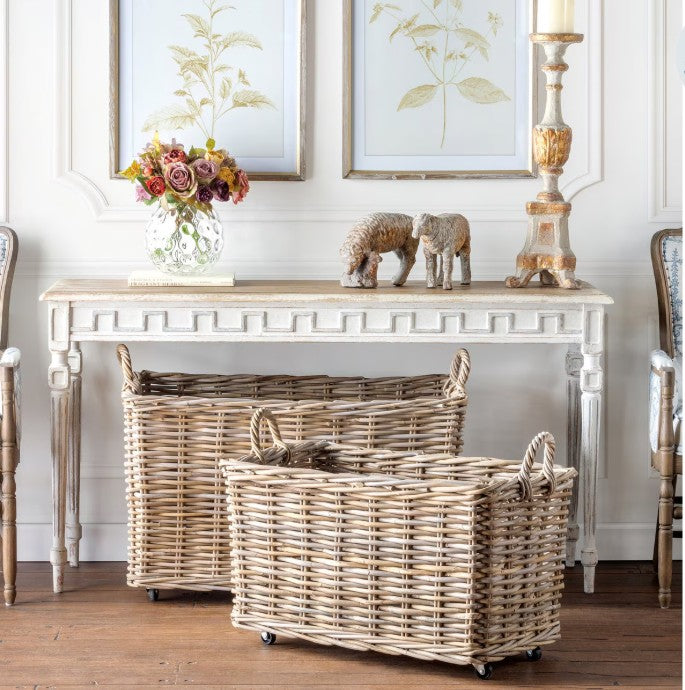 Park Hill Rattan Woven Storage Basket with Casters, Set of 2