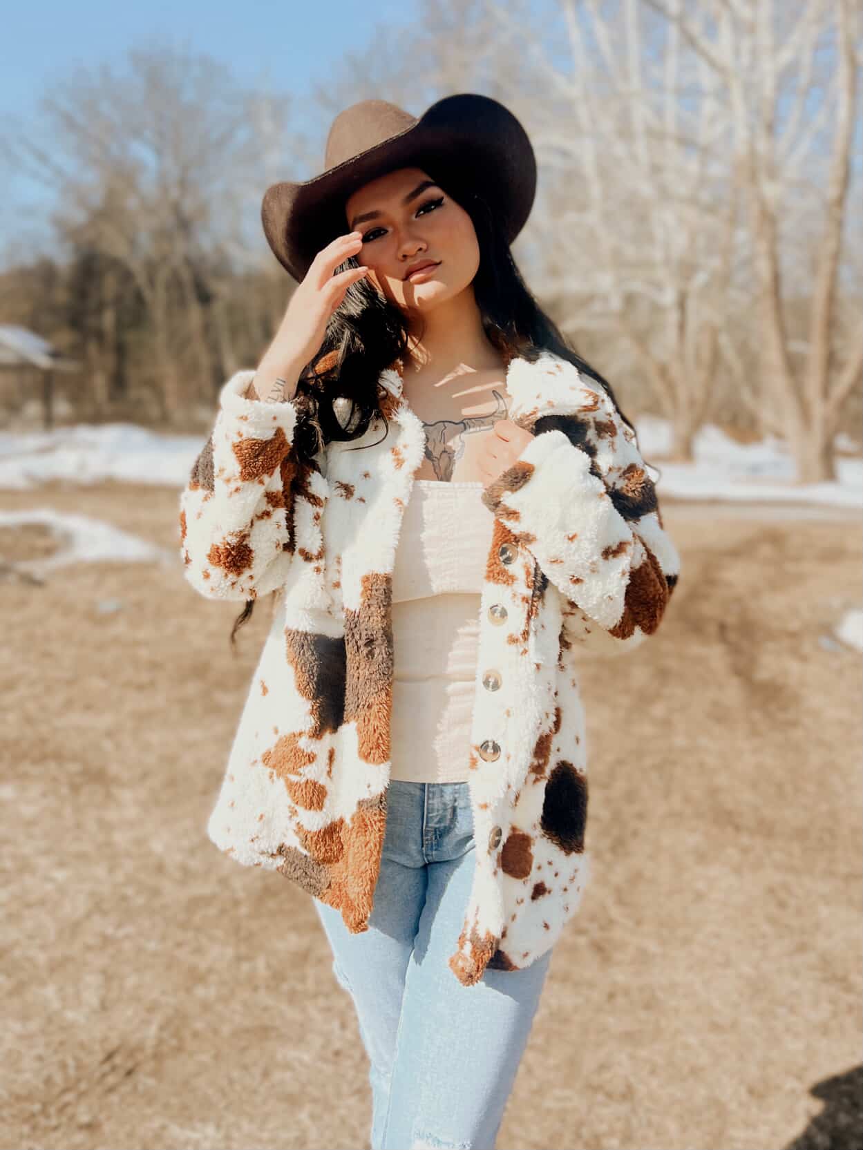 Miss Sparkling | Cow Print Sherpa Jacket