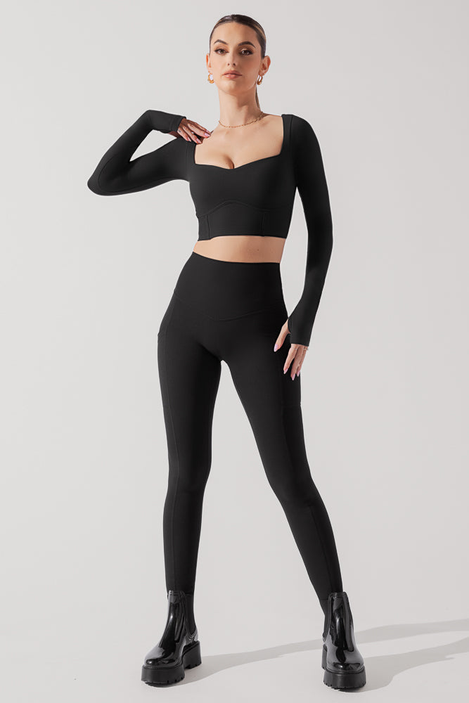 Full Size Sweetheart Long Sleeve Crop Top - Black