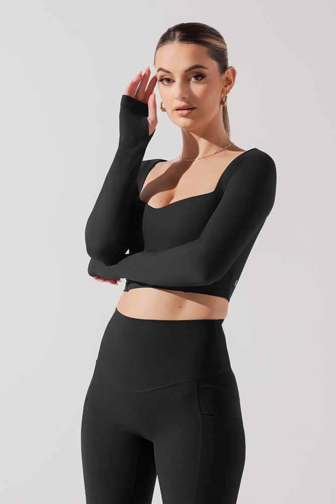 Full Size Sweetheart Long Sleeve Crop Top - Black