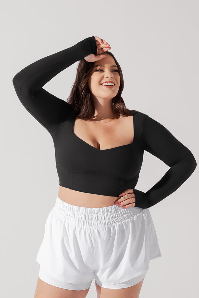 Full Size Sweetheart Long Sleeve Crop Top - Black