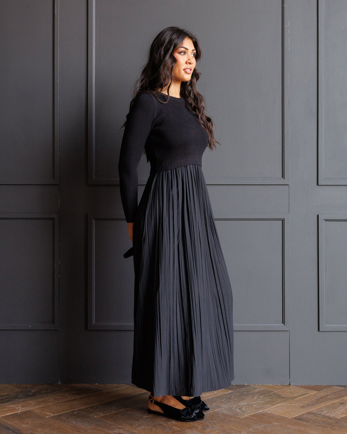 Soho Black Knit & Pleated Satin Maxi Dress