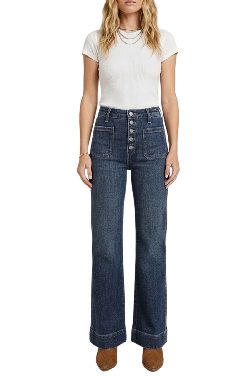 Holly High Rise Patch Pocket Flare Jeans | Dark Wash