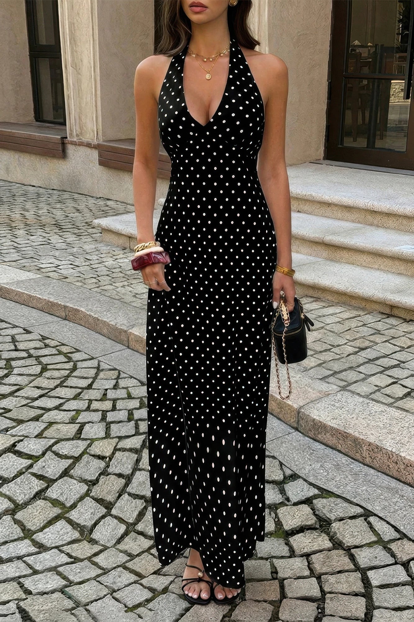Polkadot Halter Bodycon Sleeveless Long Dress