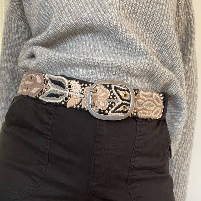Wildroot Black Hand-Embroidered Wool Belt