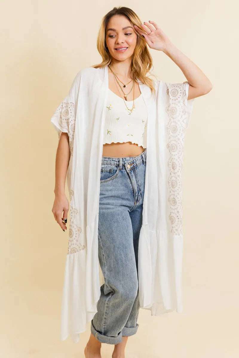Embroidered Longline Kimono – Boho Lace Layering Duster