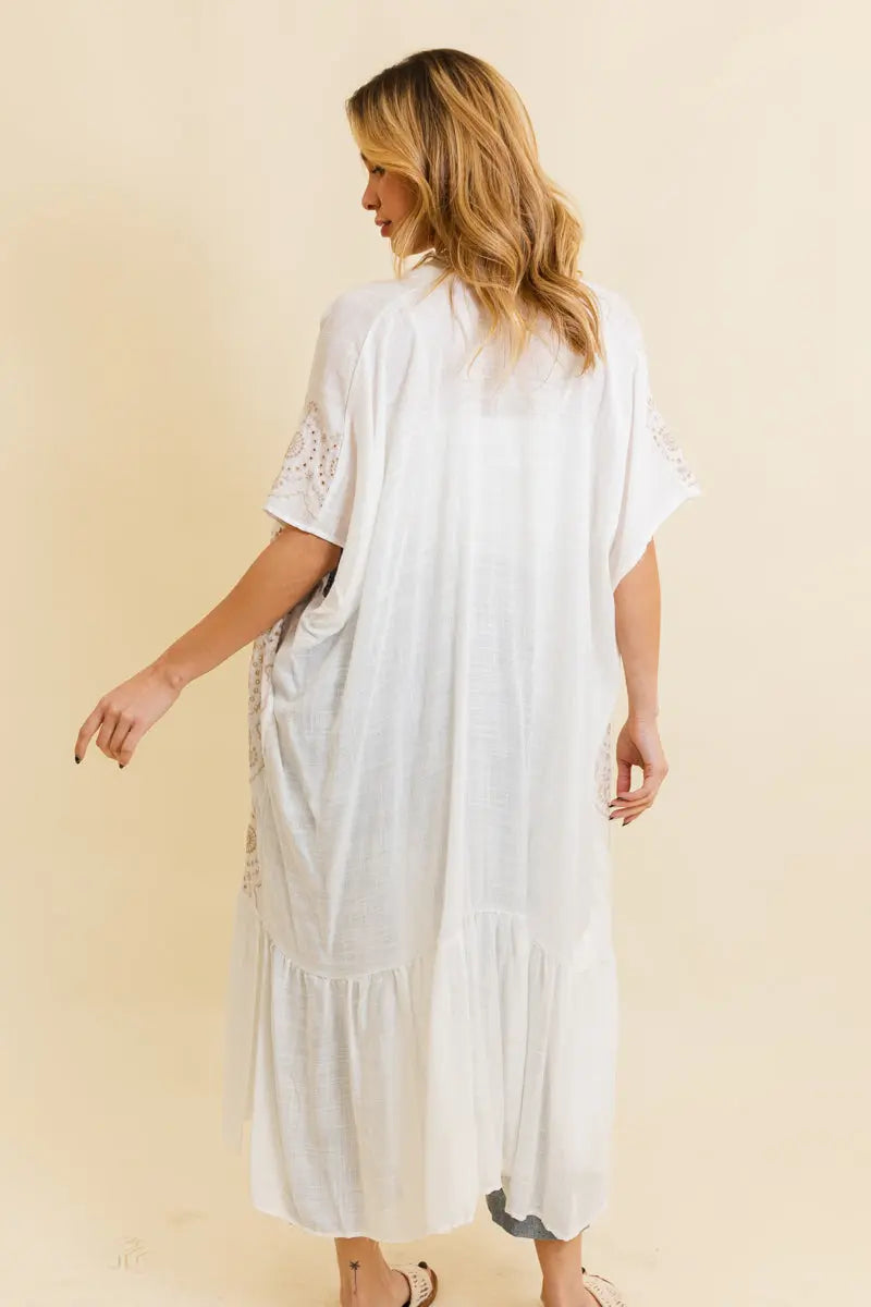 Embroidered Longline Kimono – Boho Lace Layering Duster