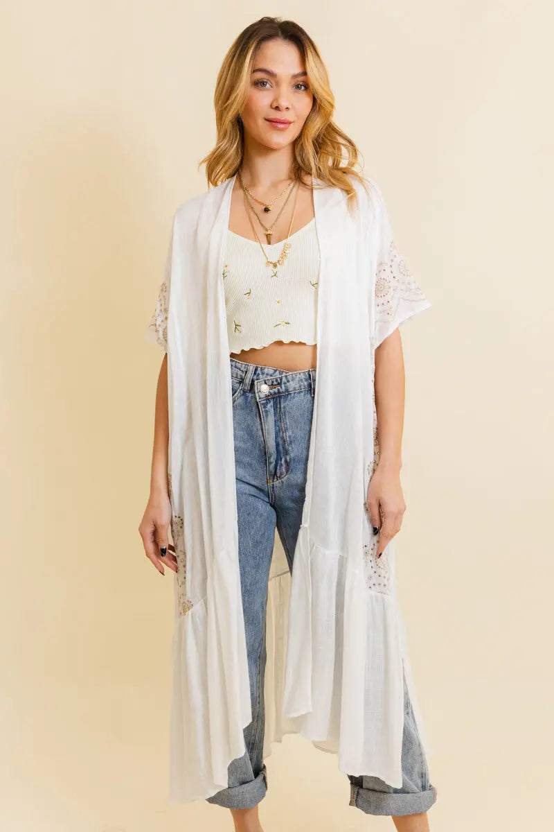 Embroidered Longline Kimono – Boho Lace Layering Duster