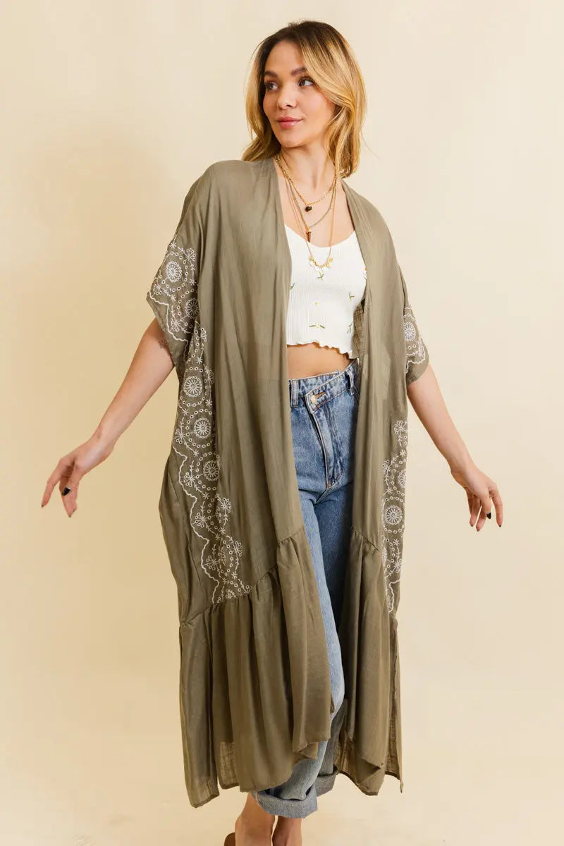 Embroidered Longline Kimono – Boho Lace Layering Duster