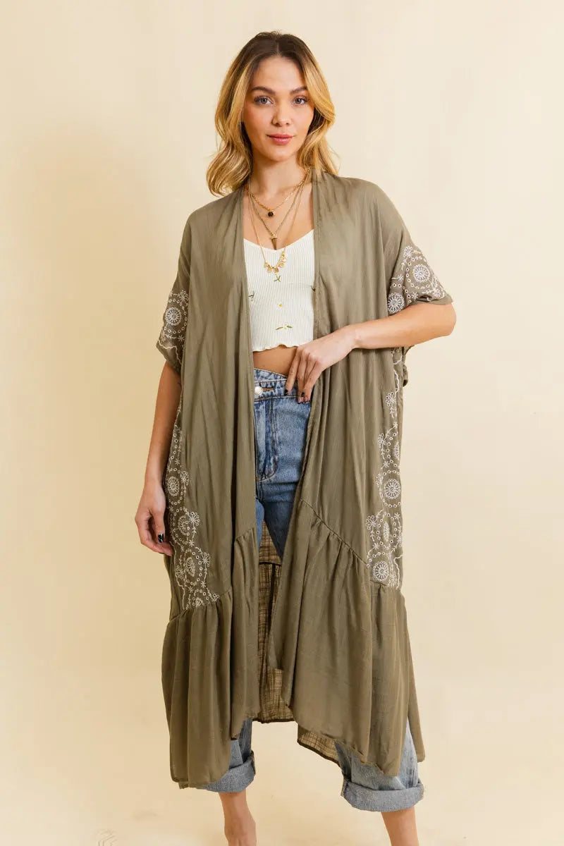 Embroidered Longline Kimono – Boho Lace Layering Duster