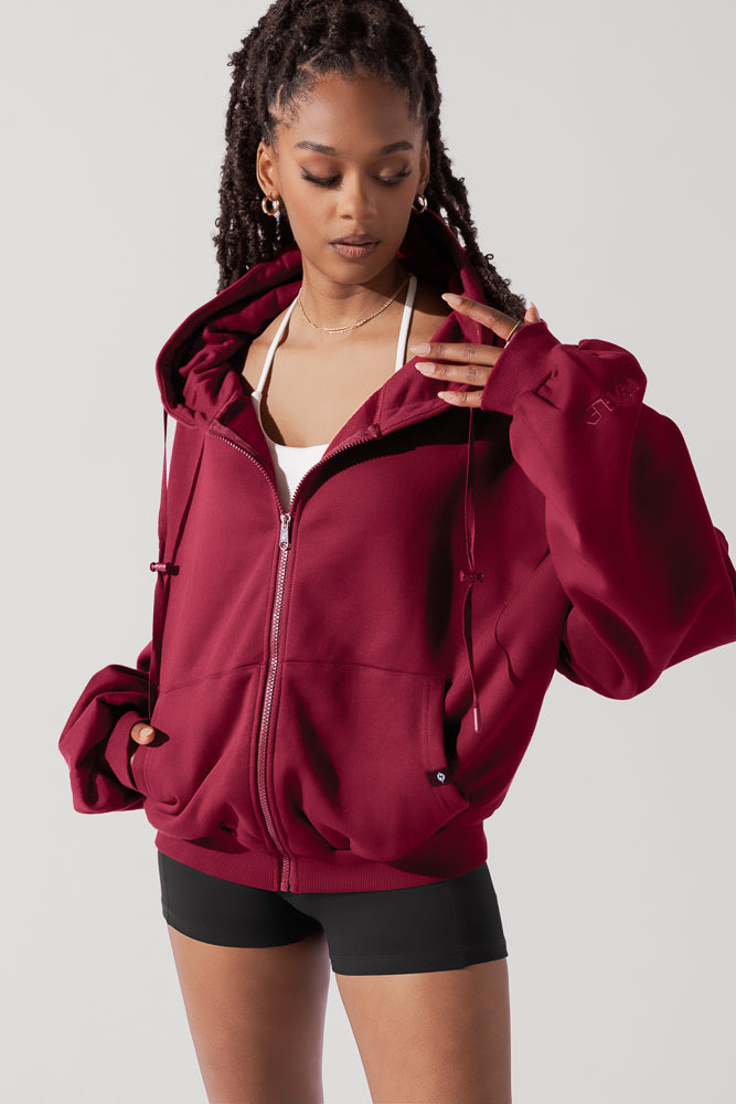 Full Size Zip Cloud Hoodie - Crimson