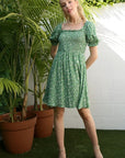 Green Smocked Puff Sleeve Dress - Online Only