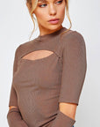 Ribbed Fitted Long Sleeve Top with Chest Cutout