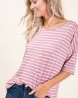 BOMBOM Striped Round Neck Half Sleeve T-Shirt