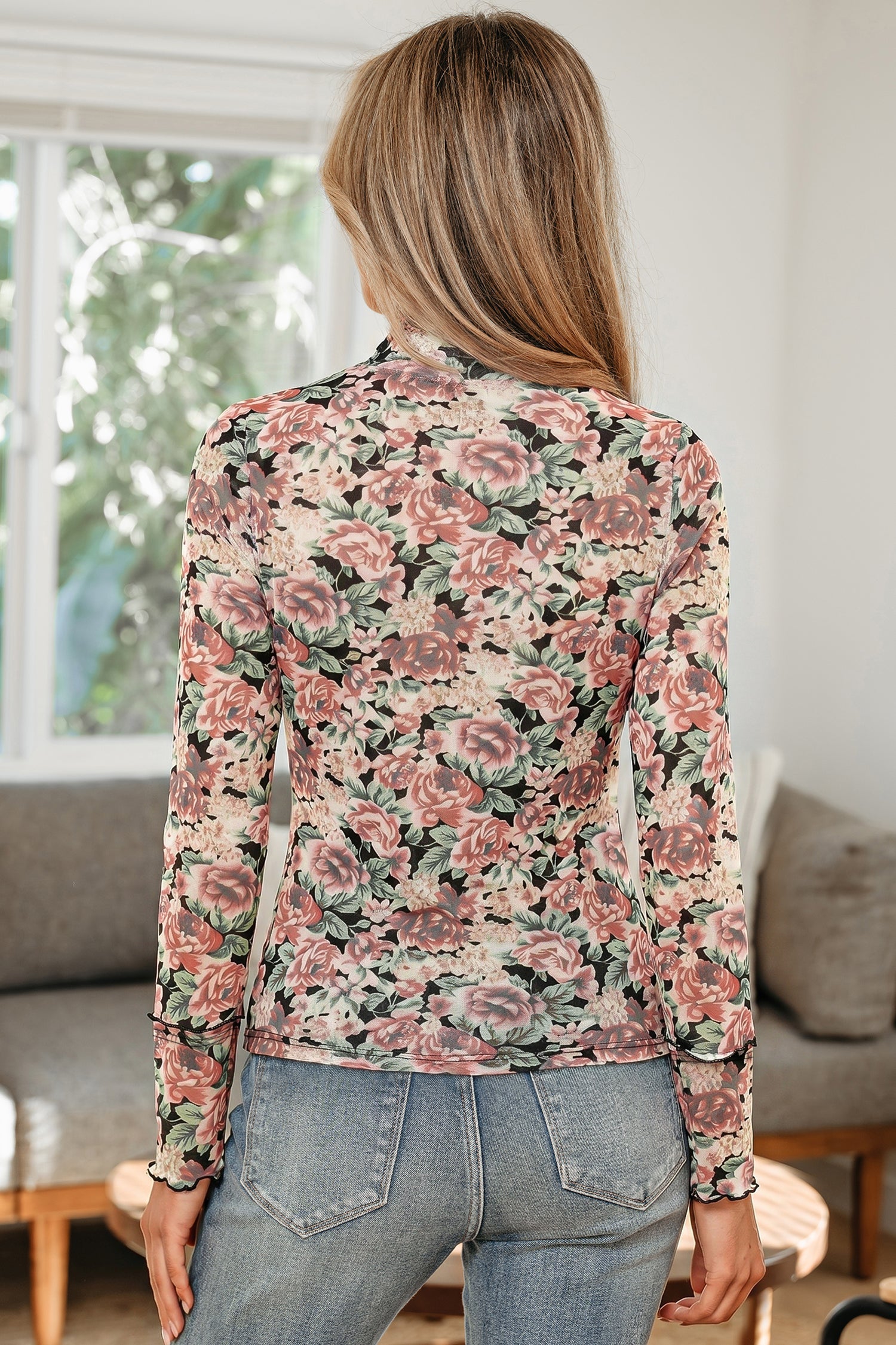 Floral Mesh Mock Neck Long Sleeve Top