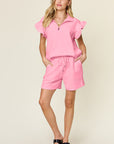 Double Take Full Size Texture Flounce Sleeve Top and Drawstring Shorts Set