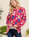 Celeste Full Size Side Slit Flower Print Long Sleeve Top