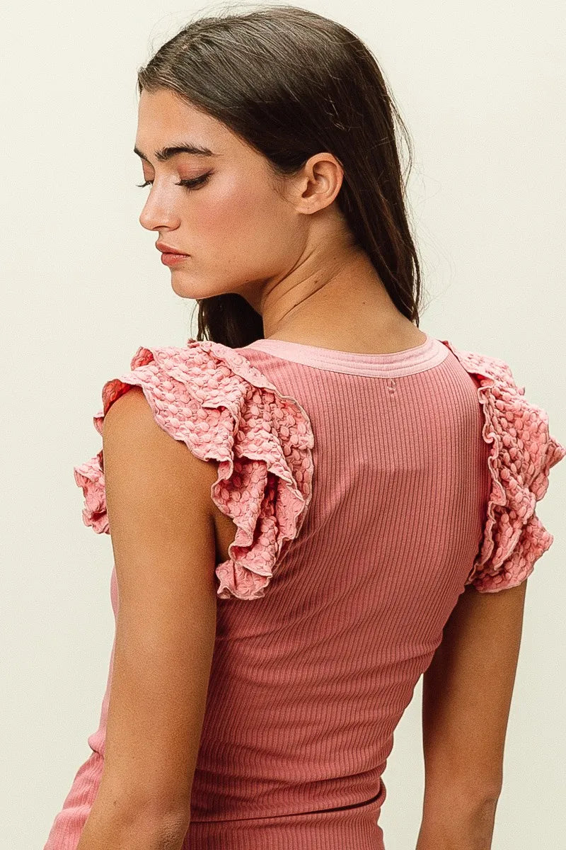 BiBi Rib Knit With Textured Ruffled Top