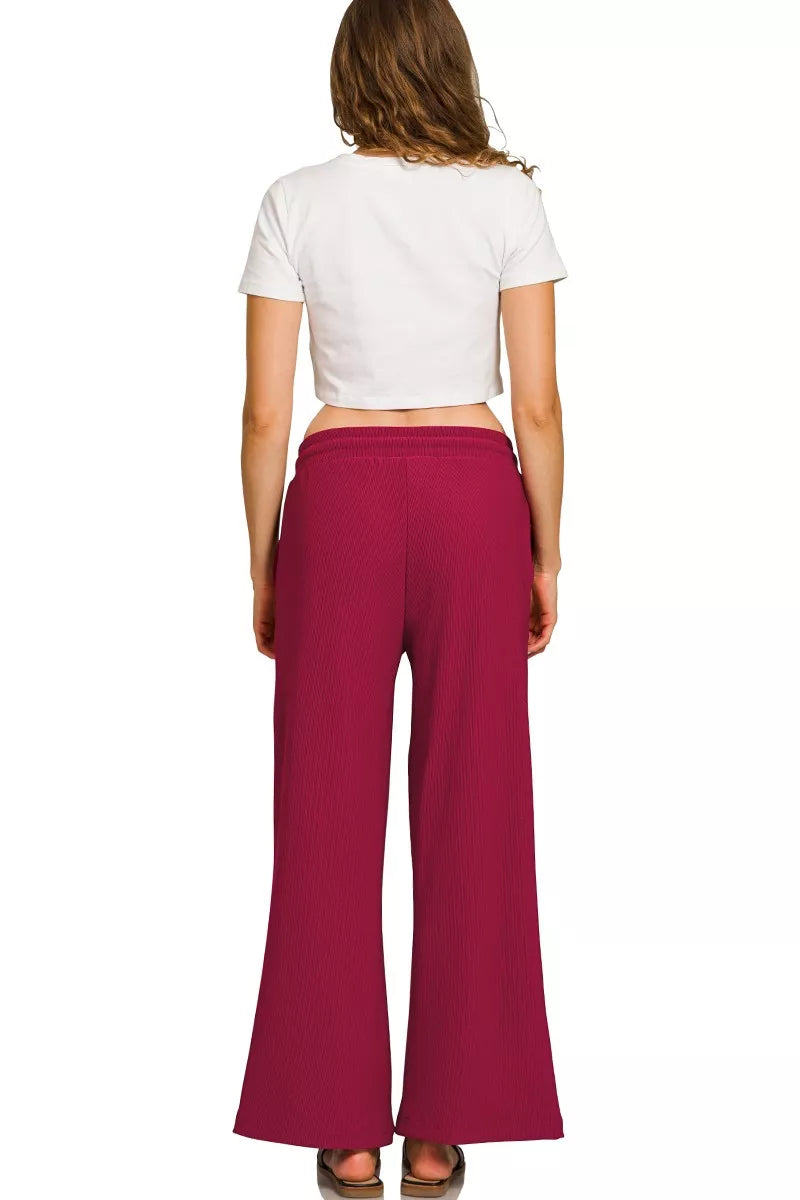 Zenana Ribbed Round Neck Pullover and Drawstring Pants Set in Cabernet