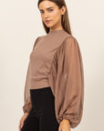 HYFVE Ruched Sheer Long Sleeve Mock Neck Blouse