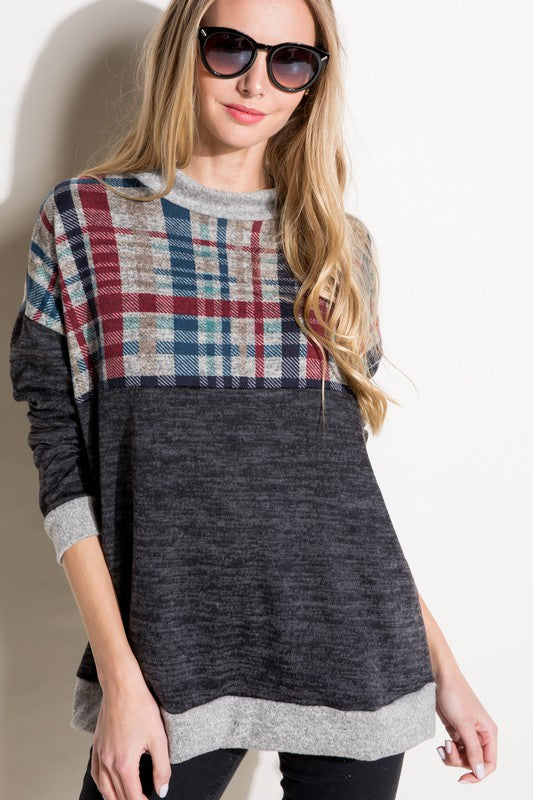 e Luna PLUS Solid Plaid Mock Neck Top