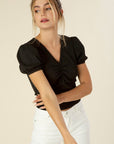 Lilou Shirred V-Neck Top with Puff Sleeves